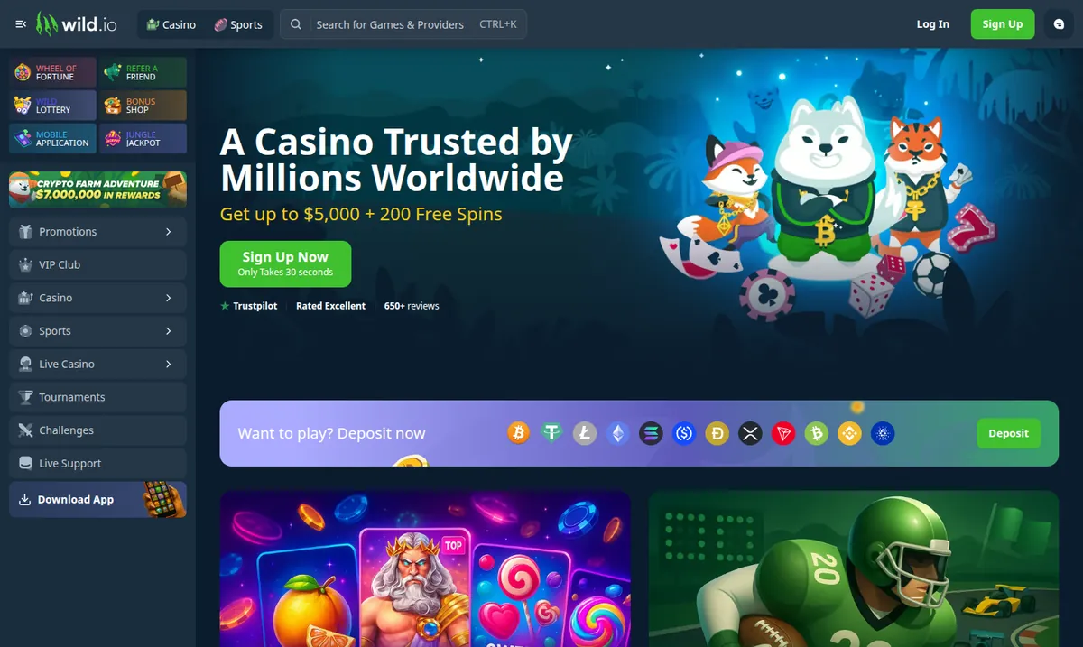 Wild.io, captured 24 August 2026 The Wild.io lobby with the coin selector open