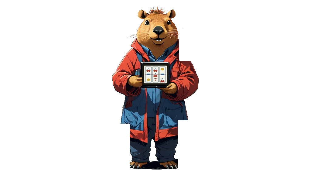 A drawing of the capybara clerk holding up a tablet running a three-reel slot and counting on the fingers of his other hand