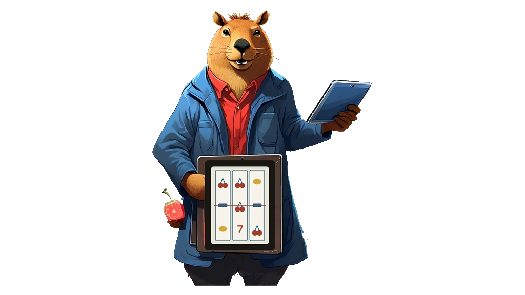 A drawing of the capybara clerk holding a large tablet running a three-reel slot in one hand and a second tablet in the other