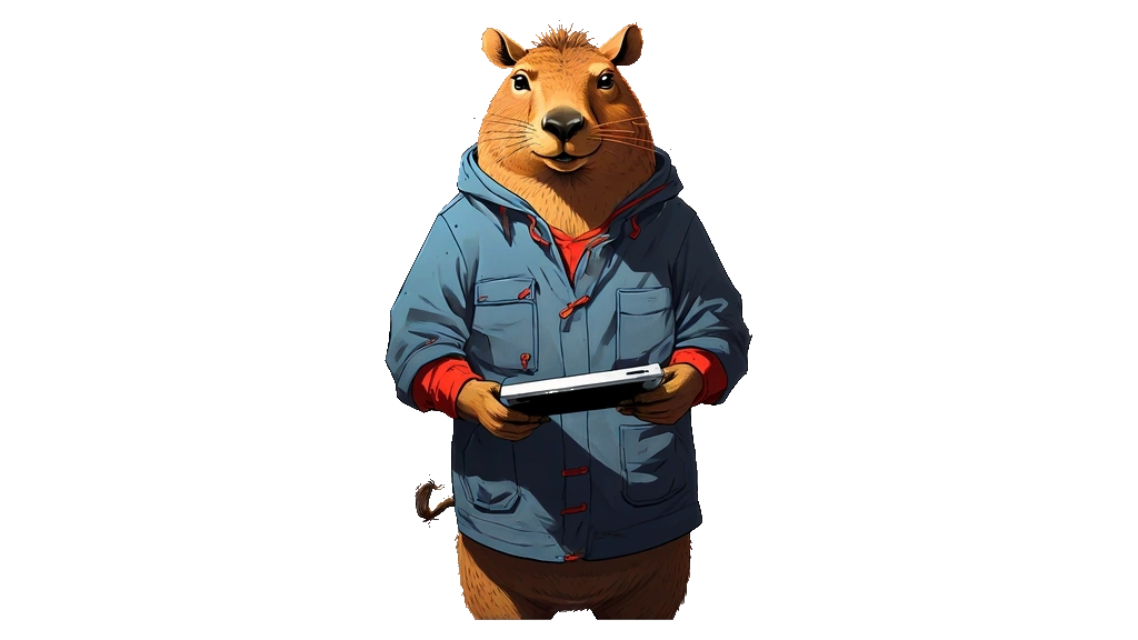 A drawing of the capybara clerk holding a tablet edge-on, its screen turned away and nothing on it readable
