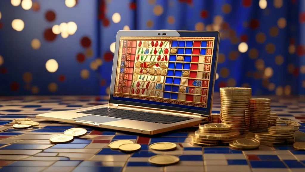 Editorial illustration Drawing of a laptop showing an online casino lobby, with gold coins and chips beside it