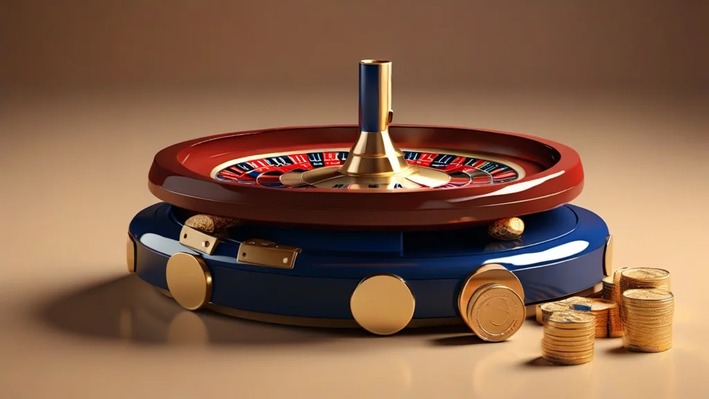 Editorial illustration Drawing of a roulette wheel with stacks of gold coins around it