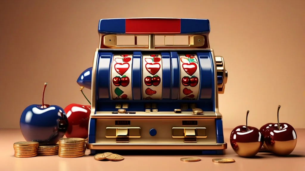 Editorial illustration Drawing of a slot machine with three reels of cherries, surrounded by coins